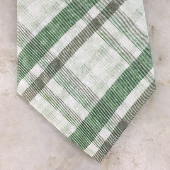 PRONTO UOMO GREEN CREAM PLAID SILK LINEN BLEND NECKTIE ( XL) - Picture 2 of 12